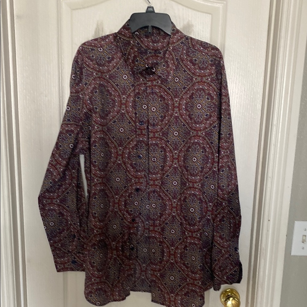 Red and Blue Dress Shirt with Intricate Patterns